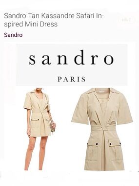 Sandro Beige Short-Sleeve Utility Mini Dress with Patch Pockets